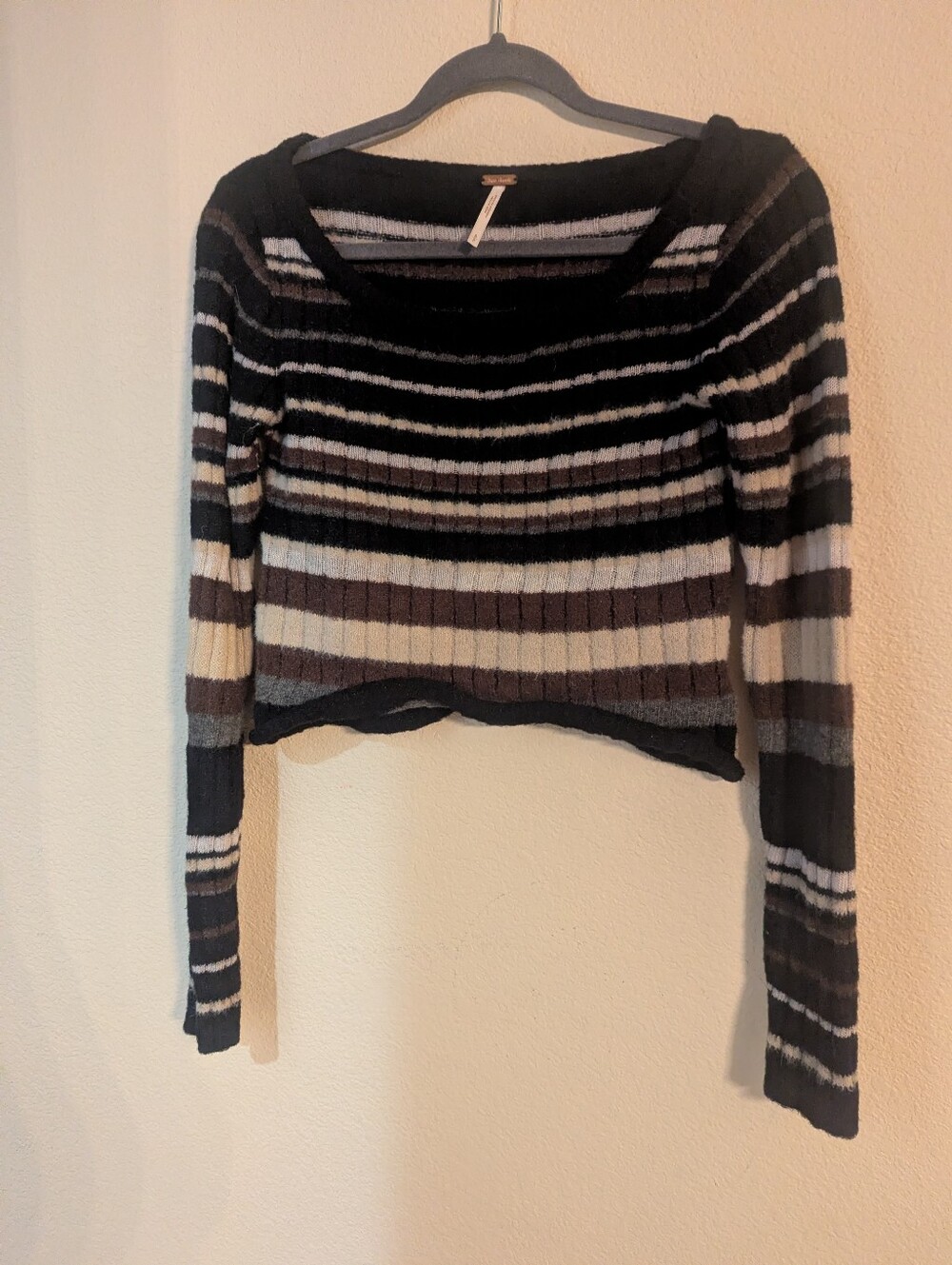 Free People Striped Ribbed Scoop-Neck Sweater in Black, Cream, Gray, Brown